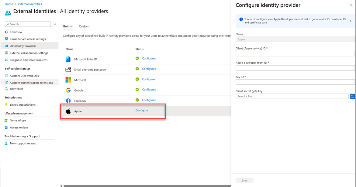 显示如何添加 Apple 标识提供者的屏幕截图。