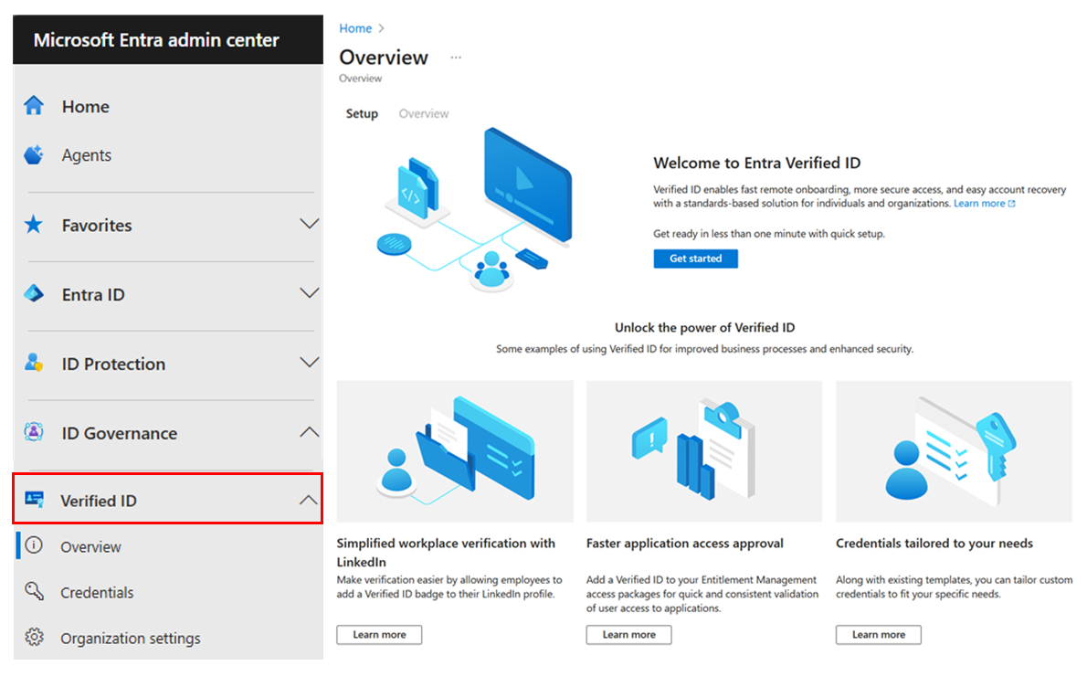 Microsoft Entra 管理中心“已验证 ID”菜单的屏幕截图。