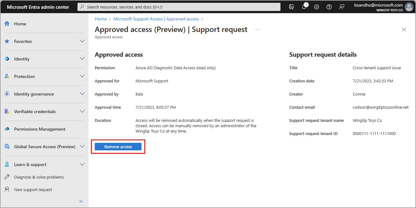 Screenshot of the Support access requests history with the Revoke button highlighted.