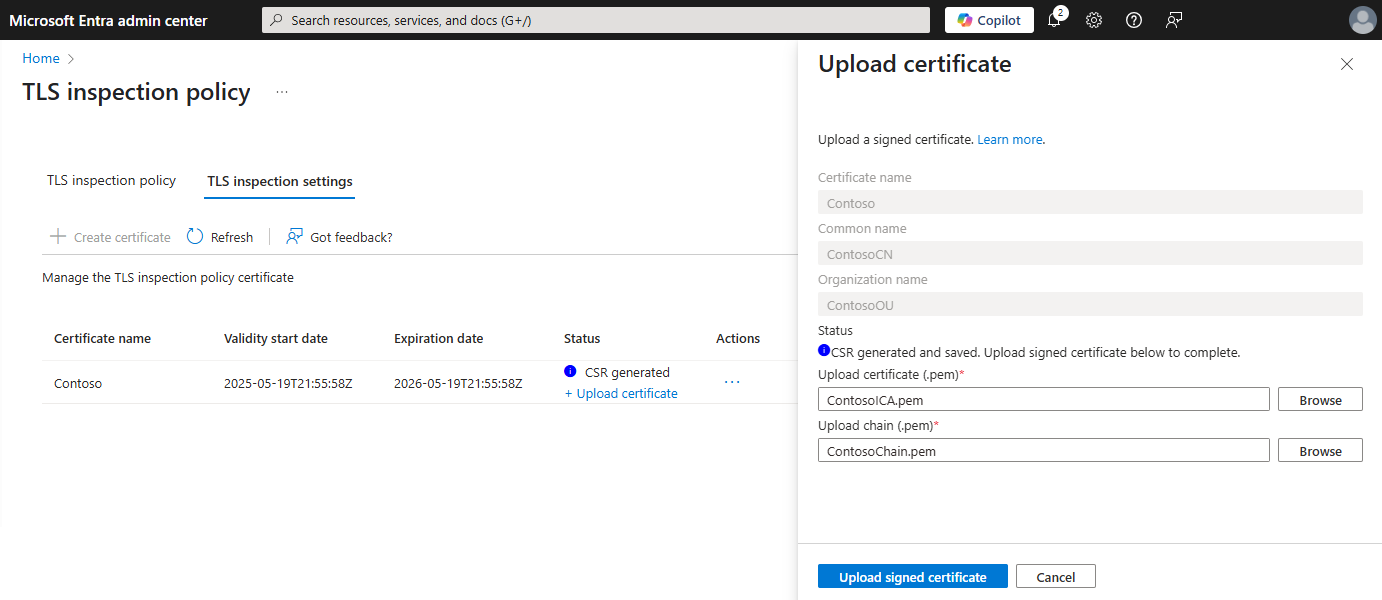 上传证书表单的屏幕截图，其中显示了上传字段中的示例证书和链接证书文件。