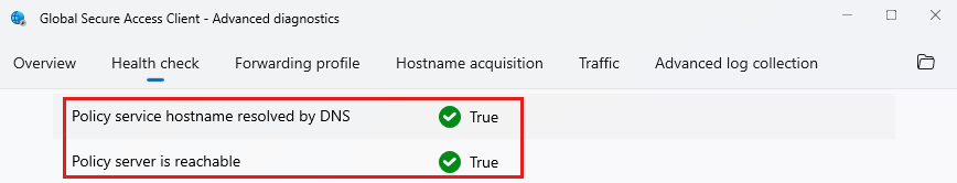 “高级诊断运行状况检查”选项卡的屏幕截图，其中显示了解析的策略服务主机名，并突出显示了“策略服务器可供访问”测试。
