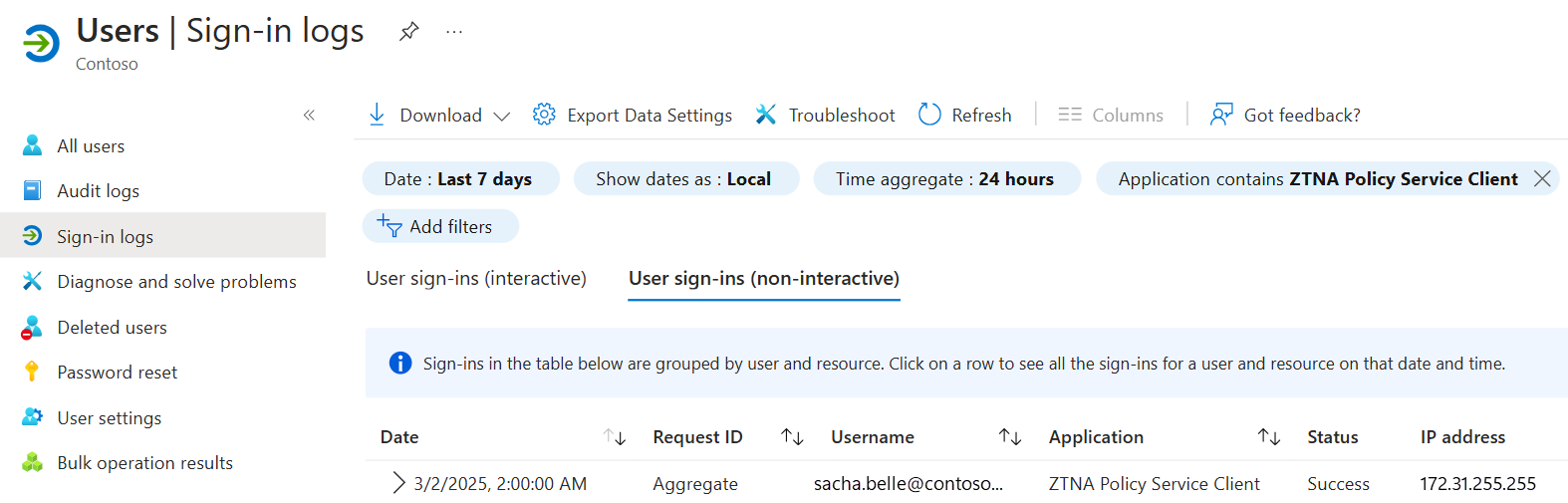 “登录日志”屏幕的屏幕截图，其中显示了非交互式用户登录的列表。