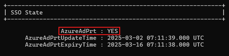 命令行的屏幕截图，其中显示了“是”的 AzureAdPrt 状态。