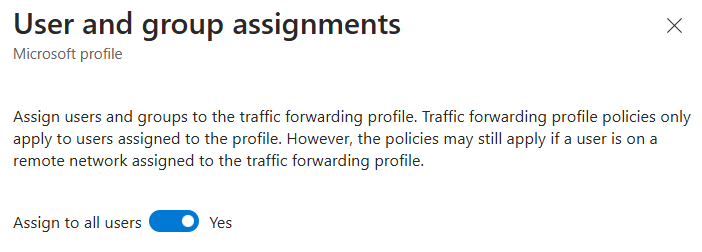 “用户和组分配”屏幕的屏幕截图，其中“分配给所有用户”切换为“是”。