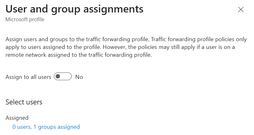 “用户和组分配”界面的截图，在其中“分配给所有用户”开关设置为“否”。