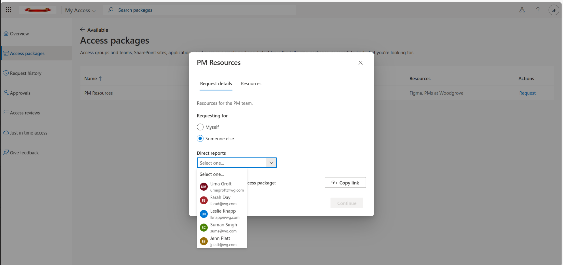 经理请求为直接下属获取访问包的屏幕截图。