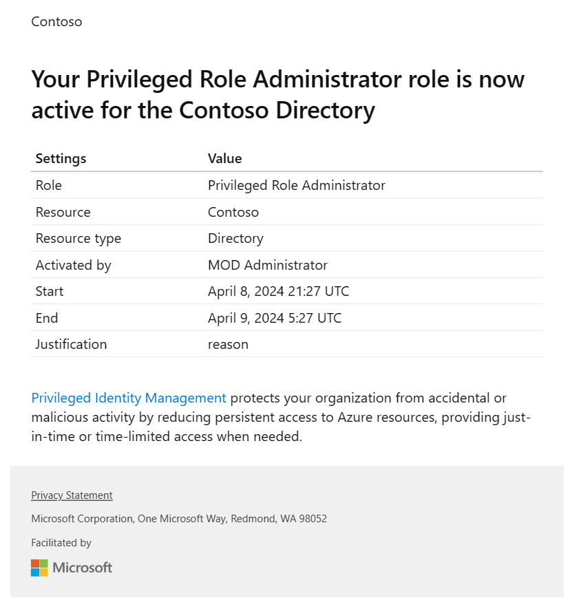 针对 Microsoft Entra 角色的 Privileged Identity Management 电子邮件的屏幕截图。
