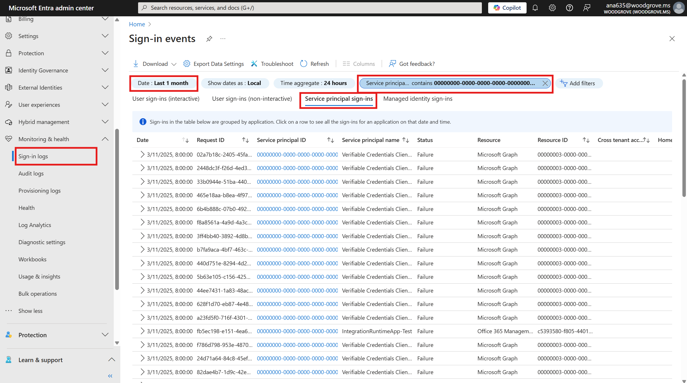 显示 Microsoft Entra 管理中心登录日志页面的屏幕截图,其中应用了筛选器来提取无 SP 身份验证登录。