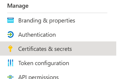 Screenshot of the Microsoft Entra App Registration Certificates and Secrets Menu Item.