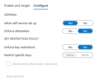 Screenshot of FIDO2 security key options