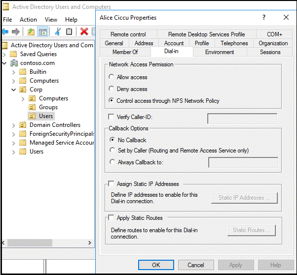 Dial-in tab in Active Directory Users and Computers user properties