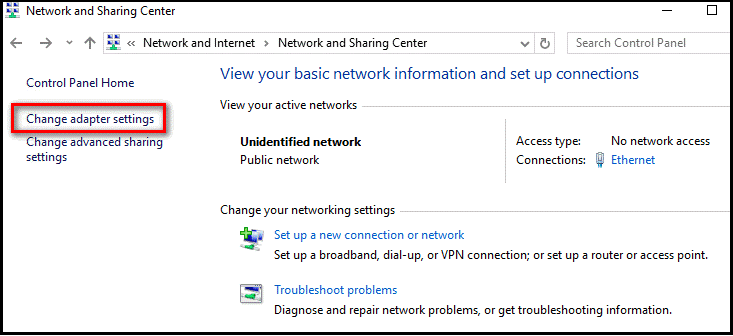Network and Sharing Center - Change adapter settings