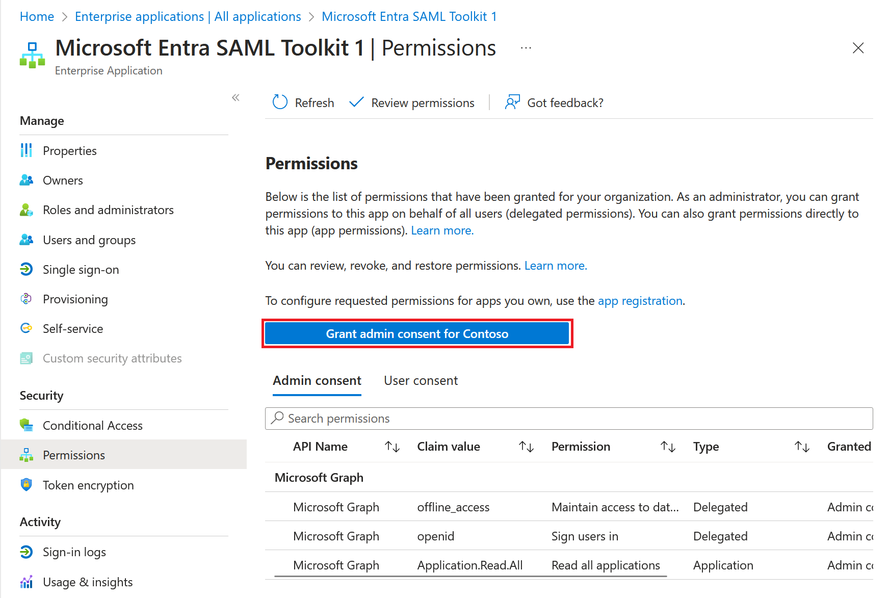 Screenshot shows how to grant tenant-wide admin consent.