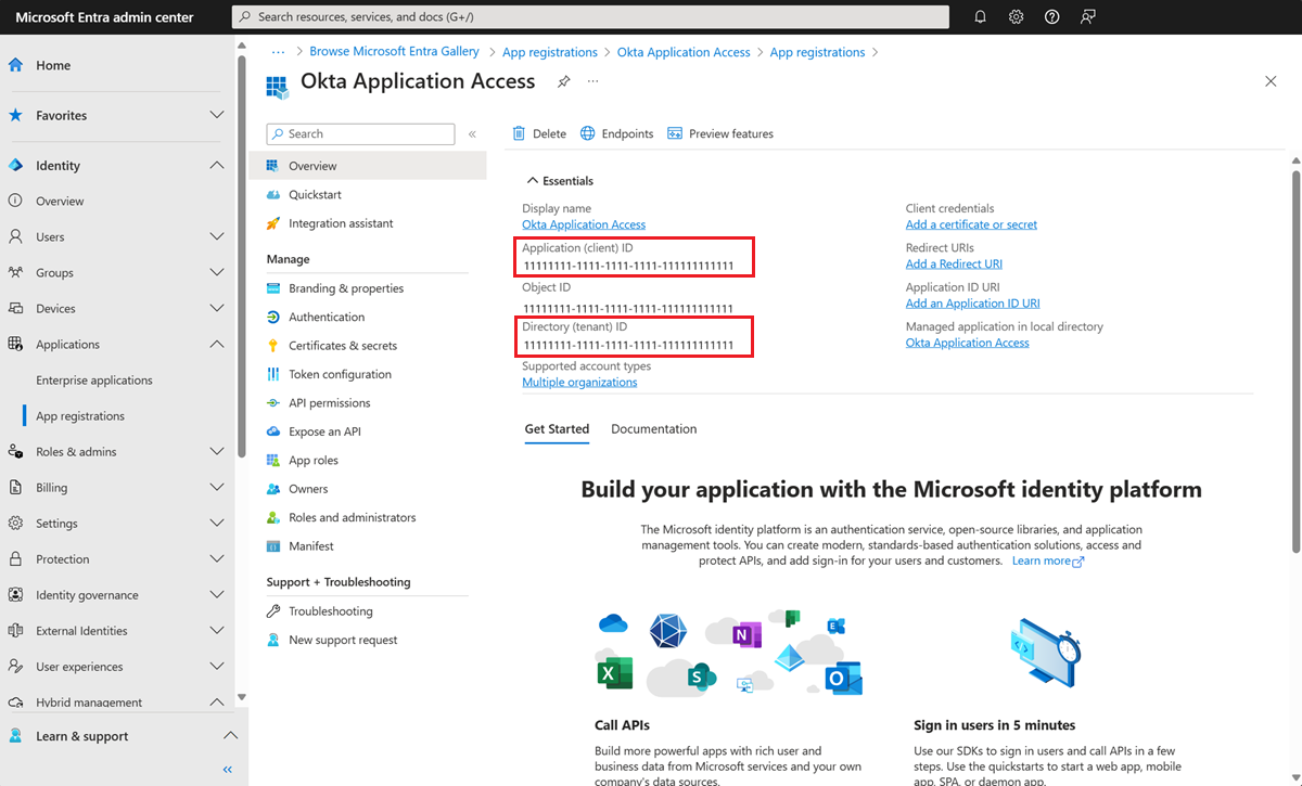 Microsoft Entra 管理中心内“Okta 应用程序访问”页的屏幕截图。出现租户 ID 和应用程序 ID。