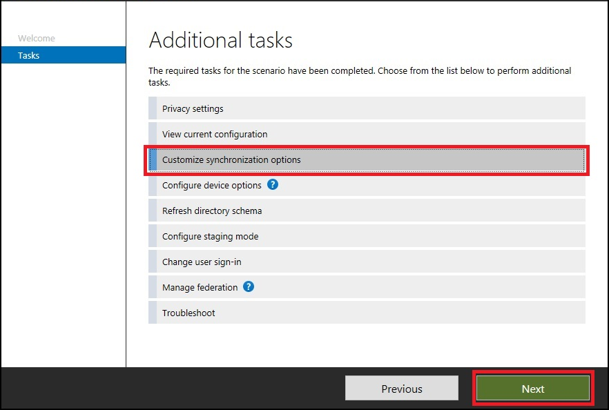 Microsoft Entra Connect additional tasks options