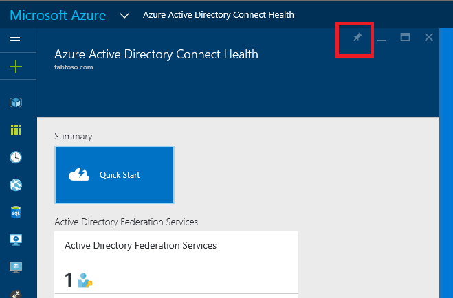 Microsoft Entra Connect Health 和 Azure RBAC 固定边栏选项卡的屏幕截图,其中突出显示了固定图标