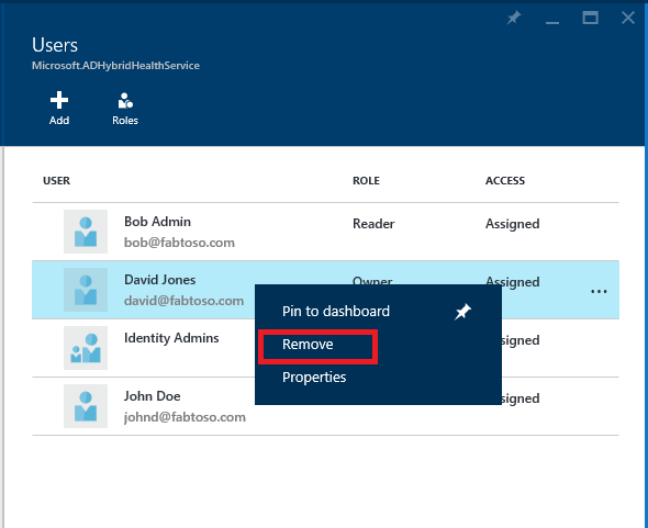 Microsoft Entra Connect Health 和 Azure RBAC 的屏幕截图,其中突出显示了“删除”按钮