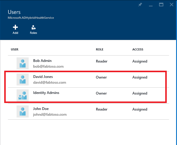 Microsoft Entra Connect Health 和 Azure RBAC 的屏幕截图,其中突出显示了新用户
