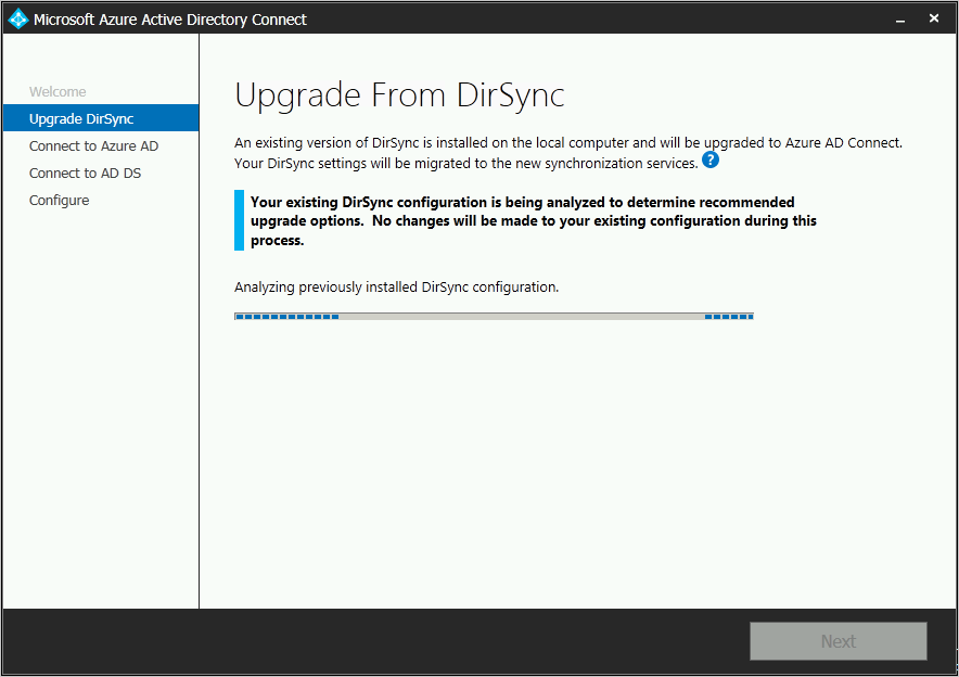 Screenshot that shows Microsoft Entra Connect when it's analyzing an existing DirSync installation.