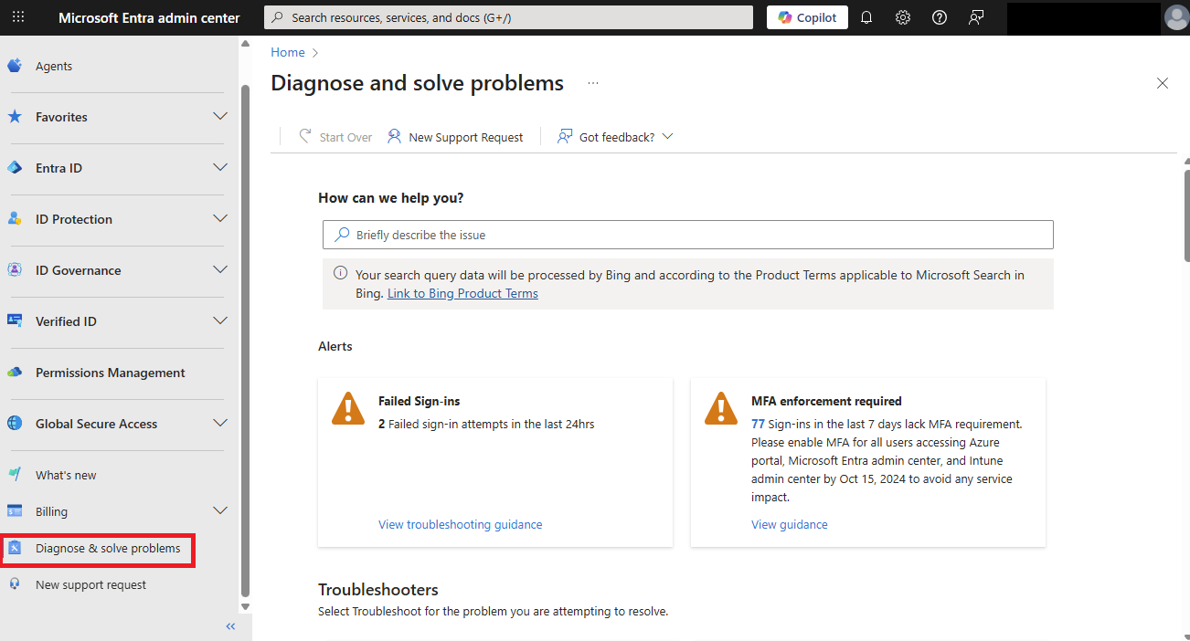 诊断和解决左侧导航中问题的屏幕截图。