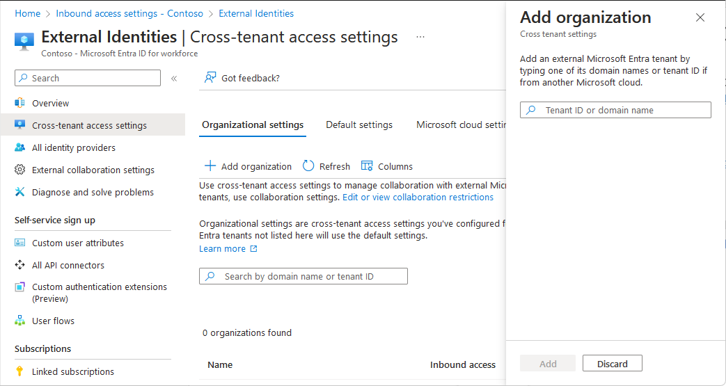 Screenshot that shows the Add organization pane to add the source tenant.