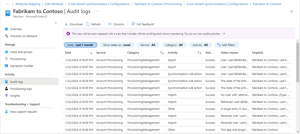 Screenshot of the Audit logs page that lists the log entries and their status.