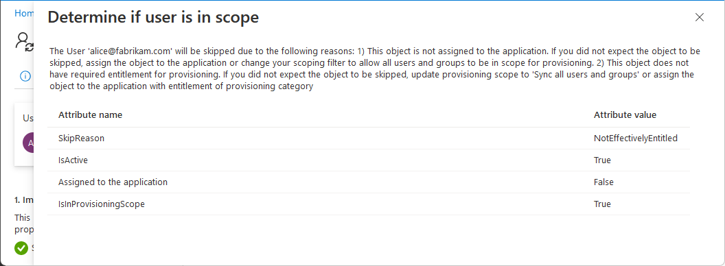 Screenshot of the Determine if user is in scope page that shows information about why test user was skipped.