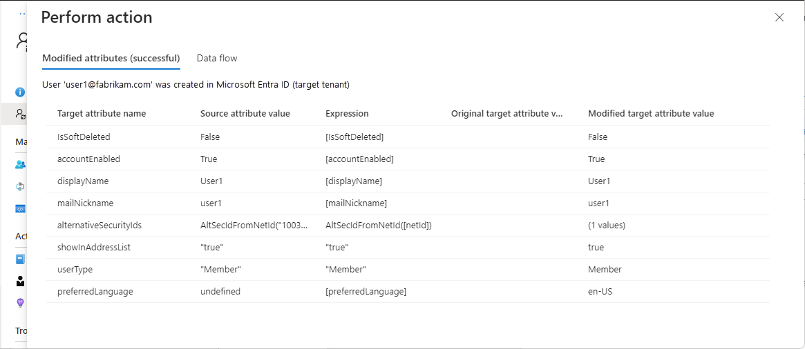 Screenshot of the Perform action page that shows the test user and list of modified attributes.