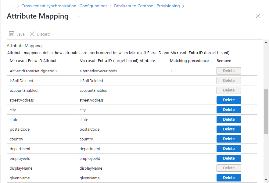 Screenshot of the Attribute Mapping page that shows the list of Microsoft Entra attributes.