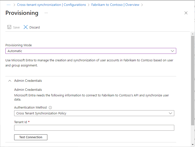 Screenshot that shows the Provisioning page with the Cross Tenant Synchronization Policy selected.