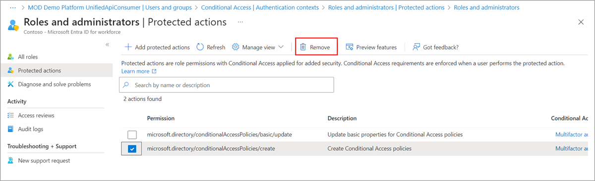 Screenshot of Protected actions page with permission selected to remove.