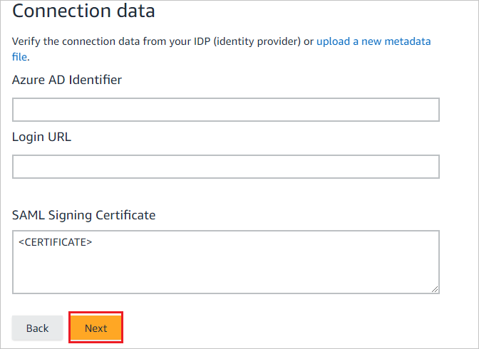 Screenshot shows Connection data, where you can specify a Microsoft Entra Identifier, Login U R L, and SAML Signing Certificate.