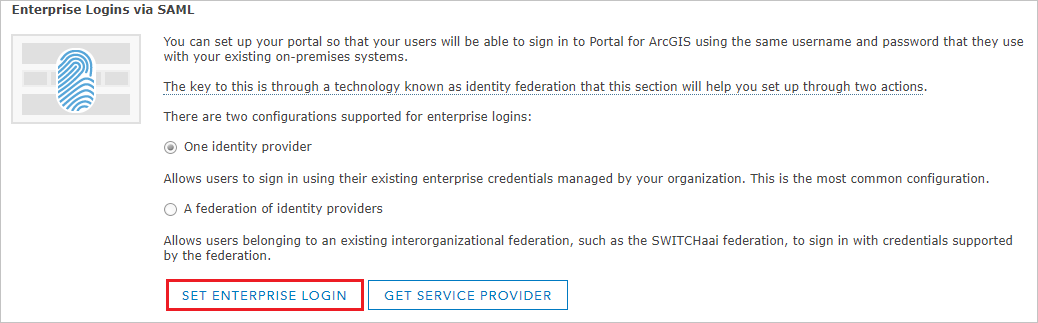Screenshot shows Enterprise Logins via SAML where you can select Set Enterprise Login.