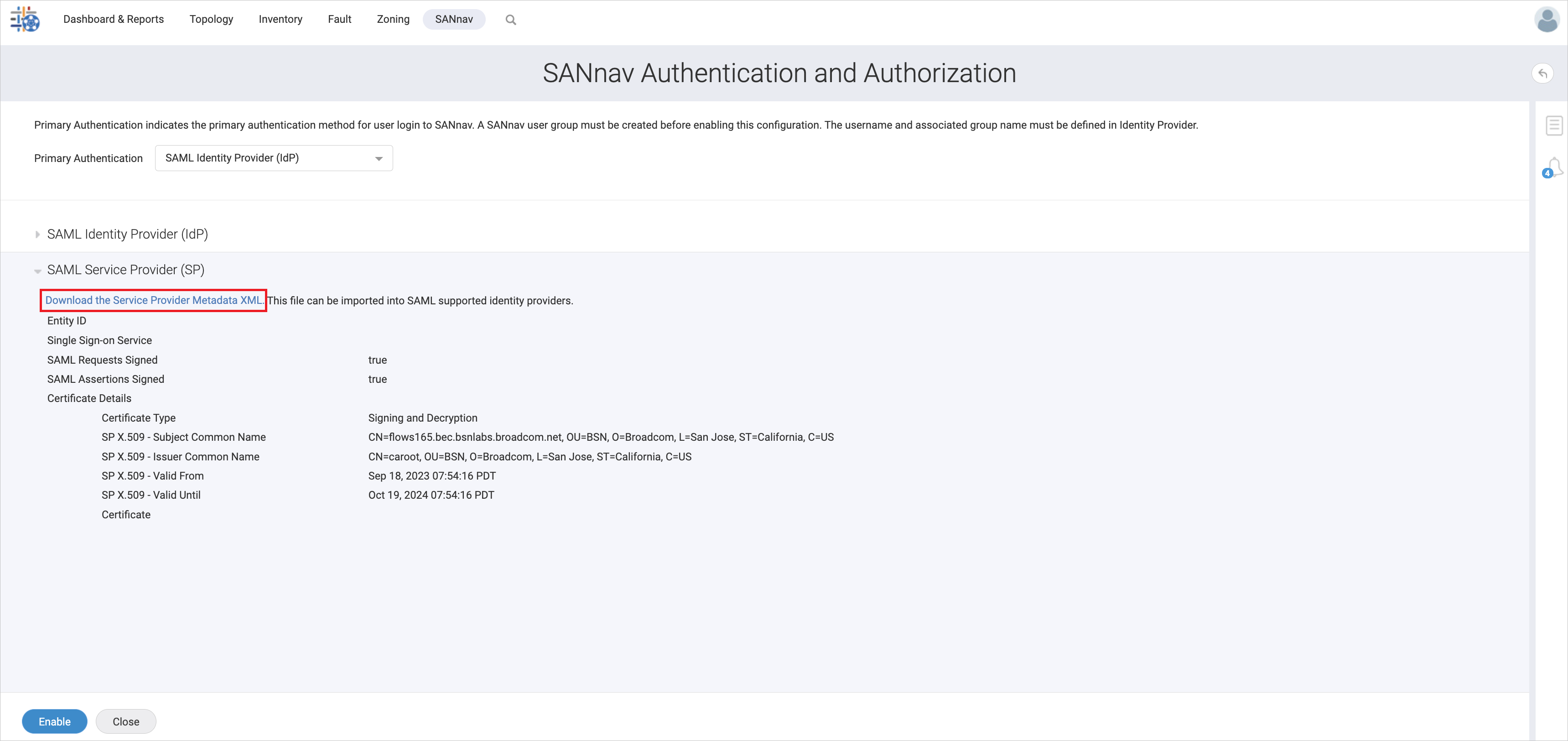 屏幕截图显示服务提供程序元数据的设置。