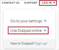 Dialpad 网站的屏幕截图。登录入口已突出显示，并且登录选项卡处于打开状态。在线使用Dialpad也被突出显示。