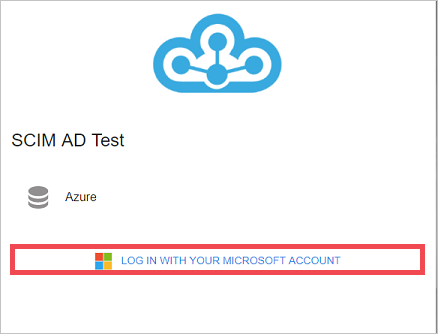 Screenshot of the S C I M A D test page on the Federated Directory site. Log in with your Microsoft account is highlighted.