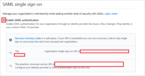 显示“SAML 单一登录”部分的屏幕截图，其中突出显示了“启用 SAML 身份验证”和 URL 文本框。