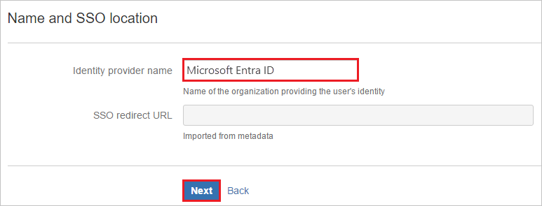 屏幕截图显示了“名称和 SSO”位置，其中 Microsoft Entra ID 是标识提供者名称。
