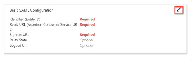 屏幕截图显示“基本 SAML 配置”窗格，其中选中了“编辑”图标。