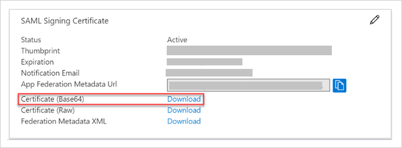 屏幕截图显示了“SAML 签名证书”部分，你可以在其中下载 Base64 证书。