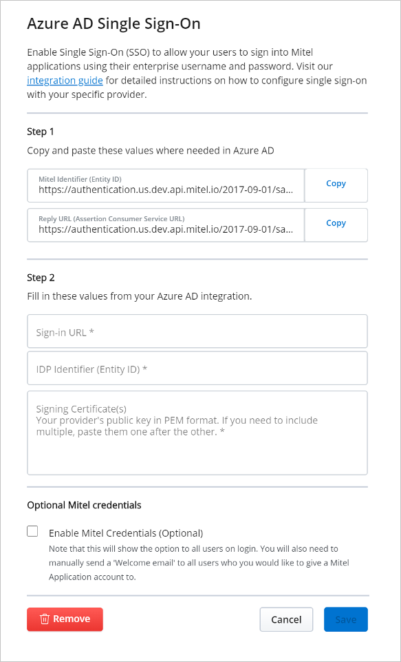 屏幕截图显示了 Microsoft Entra 单一登录配置。