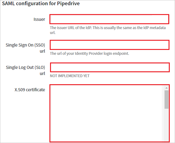 显示“Pipedrive 的 S A M L 配置”部分的屏幕截图，其中突出显示了所有文本框。