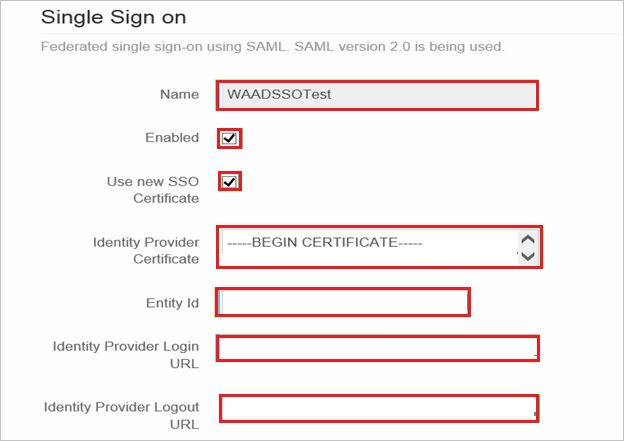 屏幕截图显示了“单一登录”页，可在其中输入所述的值。