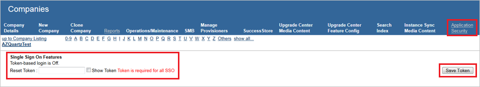 屏幕截图显示“应用程序安全性”选项卡，突出显示了“单一登录功能”，可在其中输入令牌。