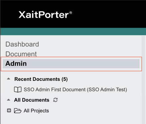 Screenshot shows Admin selected in the XaitPorter site.