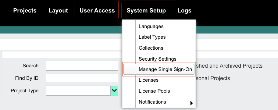 Screenshot shows Manage Single Sign-On selected from System Setup.