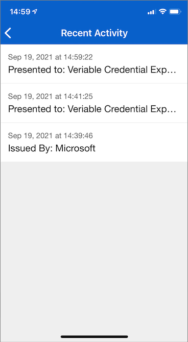 显示可验证凭据历史记录的屏幕截图。