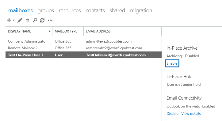 在详细信息窗格中单击“启用”，为所选用户启用存档邮箱。