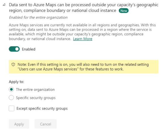 Azure Maps 全局数据处理设置的屏幕截图。