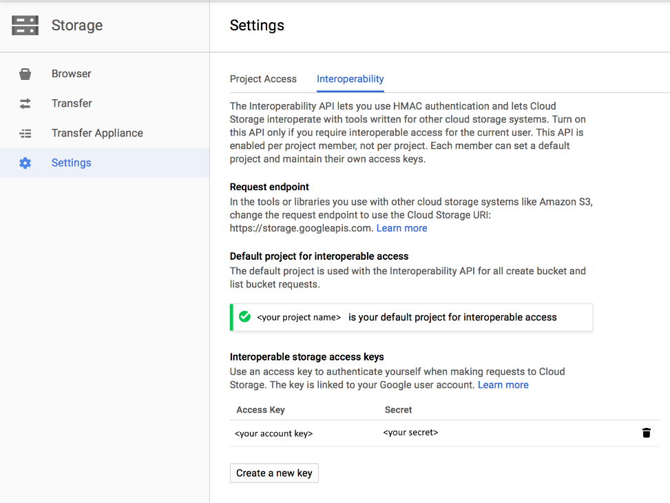 显示 Google Cloud Storage 的访问密钥的屏幕截图。